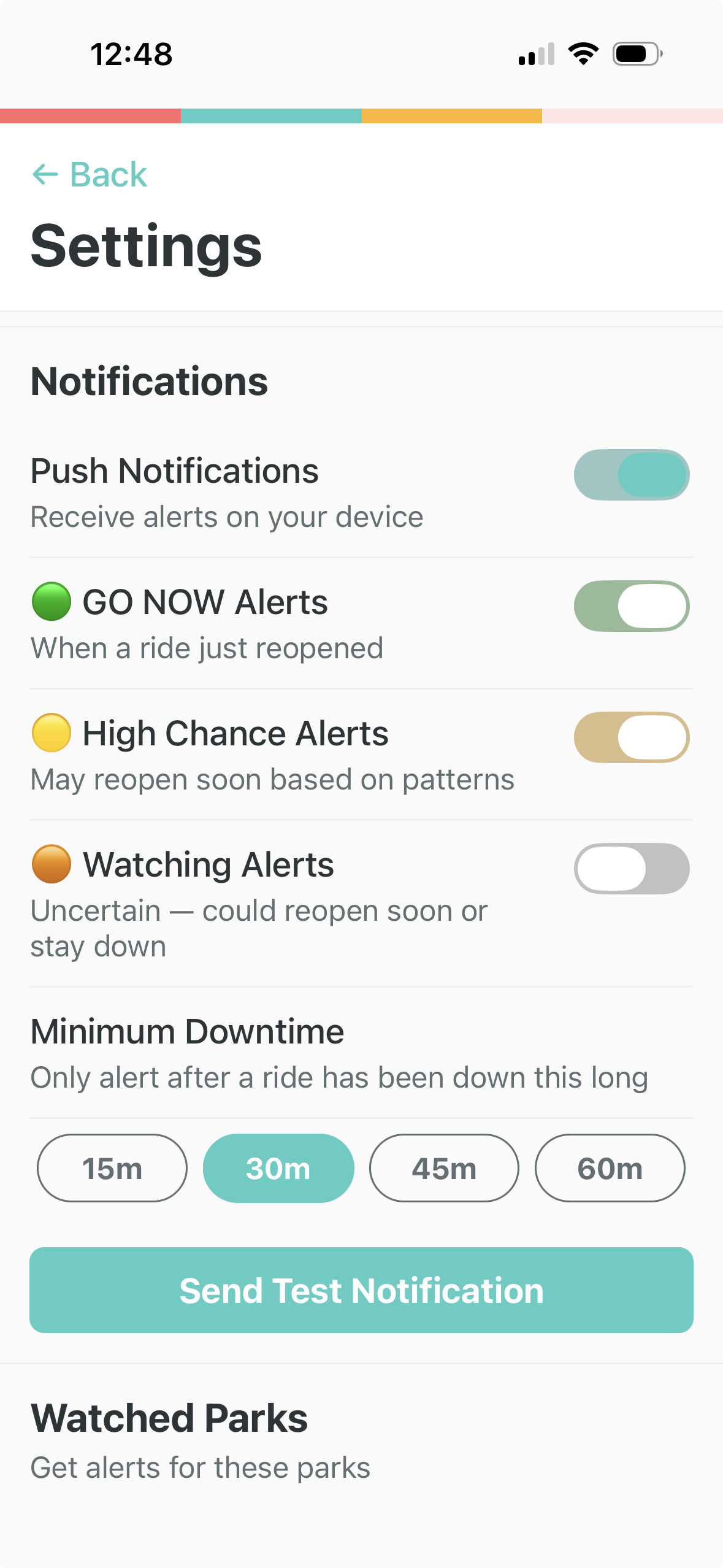 WalkOnAlerts notification settings showing Push Notifications and GO NOW Alerts toggled on
