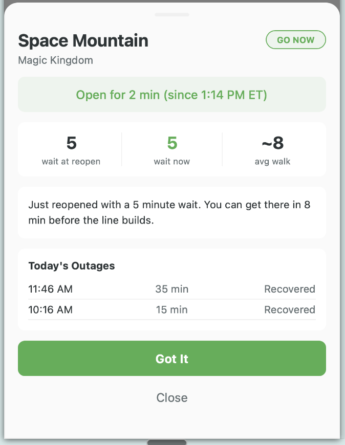 Space Mountain detail view showing current wait time, walk time, and today's outage history